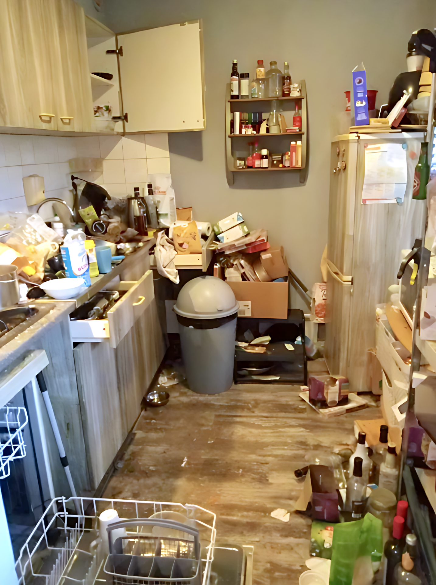 Cluttered kitchen before cleaning service.